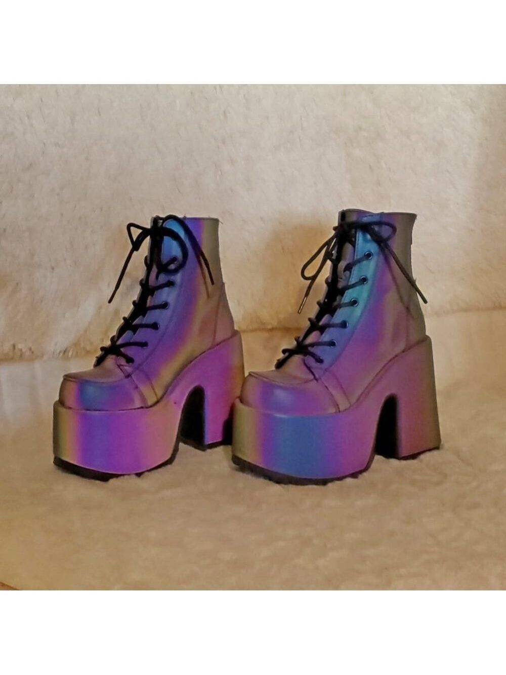 Camel Purple Green Reflective Rave Royalty Festival Platform Ankle Boots - Picture 15 of 15